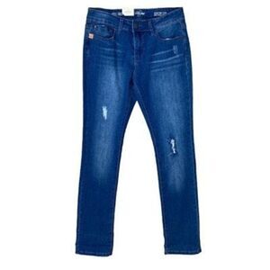 Lola 4 M 31 Kristine DMB Mid Rise Straight Jeans Dark Medium Wash Light Distress